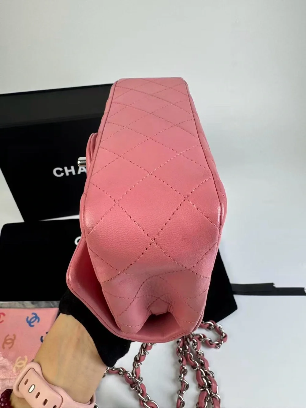 CHANEL Pink Quilted Lambskin Single Flap Shoulder Bag with Silver Chain
